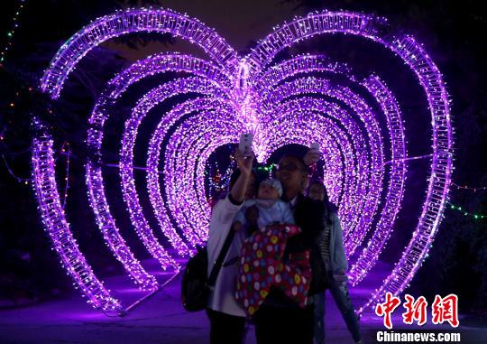 圖為市民在燈光造型前拍照?！∴嵄z